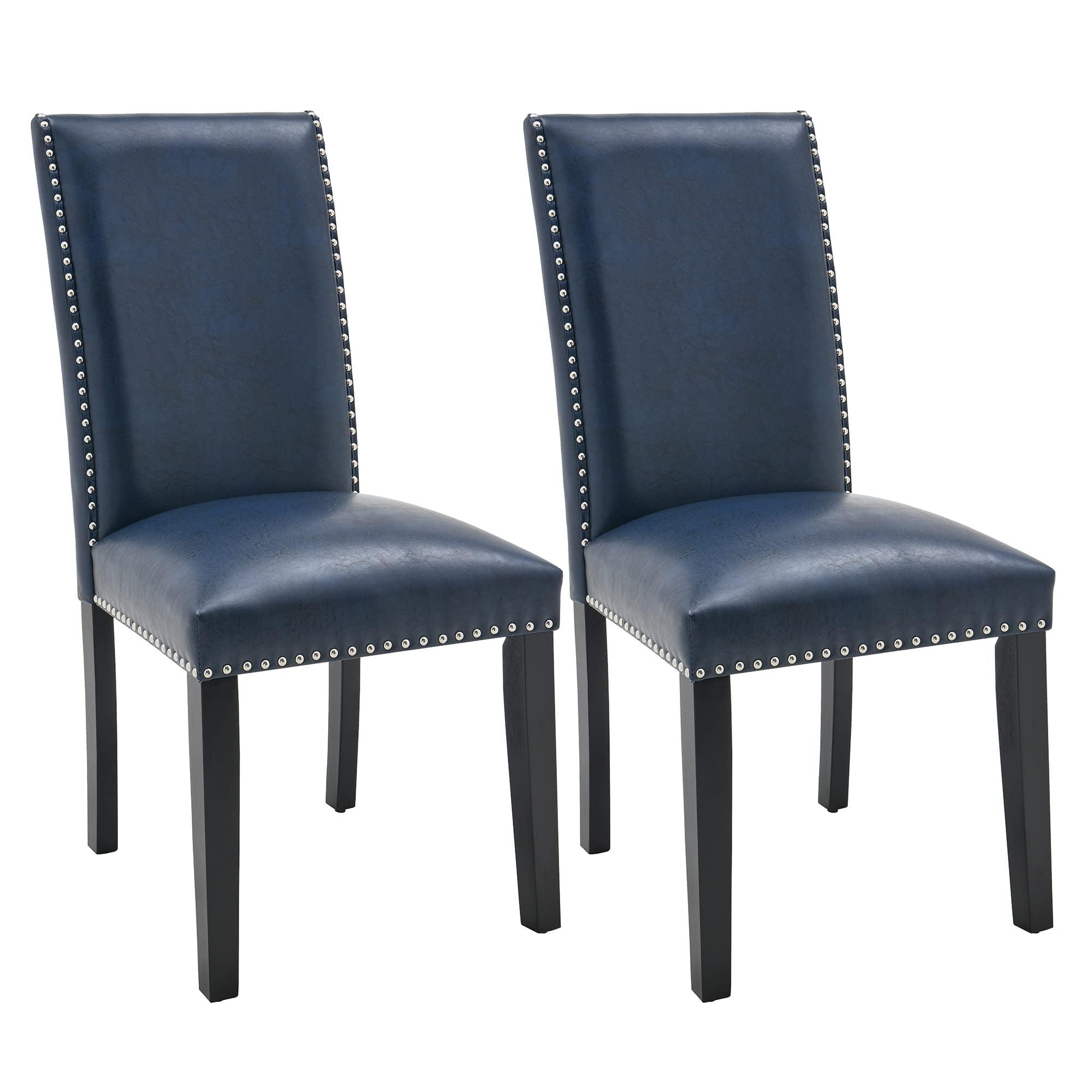 Prussian Blue Faux Leather Parsons Dining Side Chairs with Walnut Wood Legs