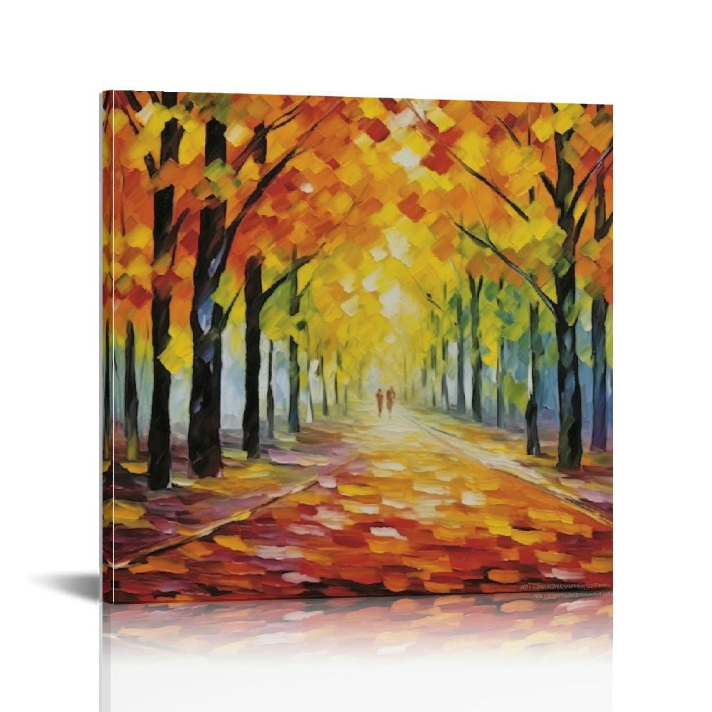JEUXUS Colorful Landscape Oil Painting Wall Art Canvas Paintings Abstract Texture Rainbow Trees with Walking People Prints Pictures 4 Pieces Living Room Bedroom Artwork 16x16in