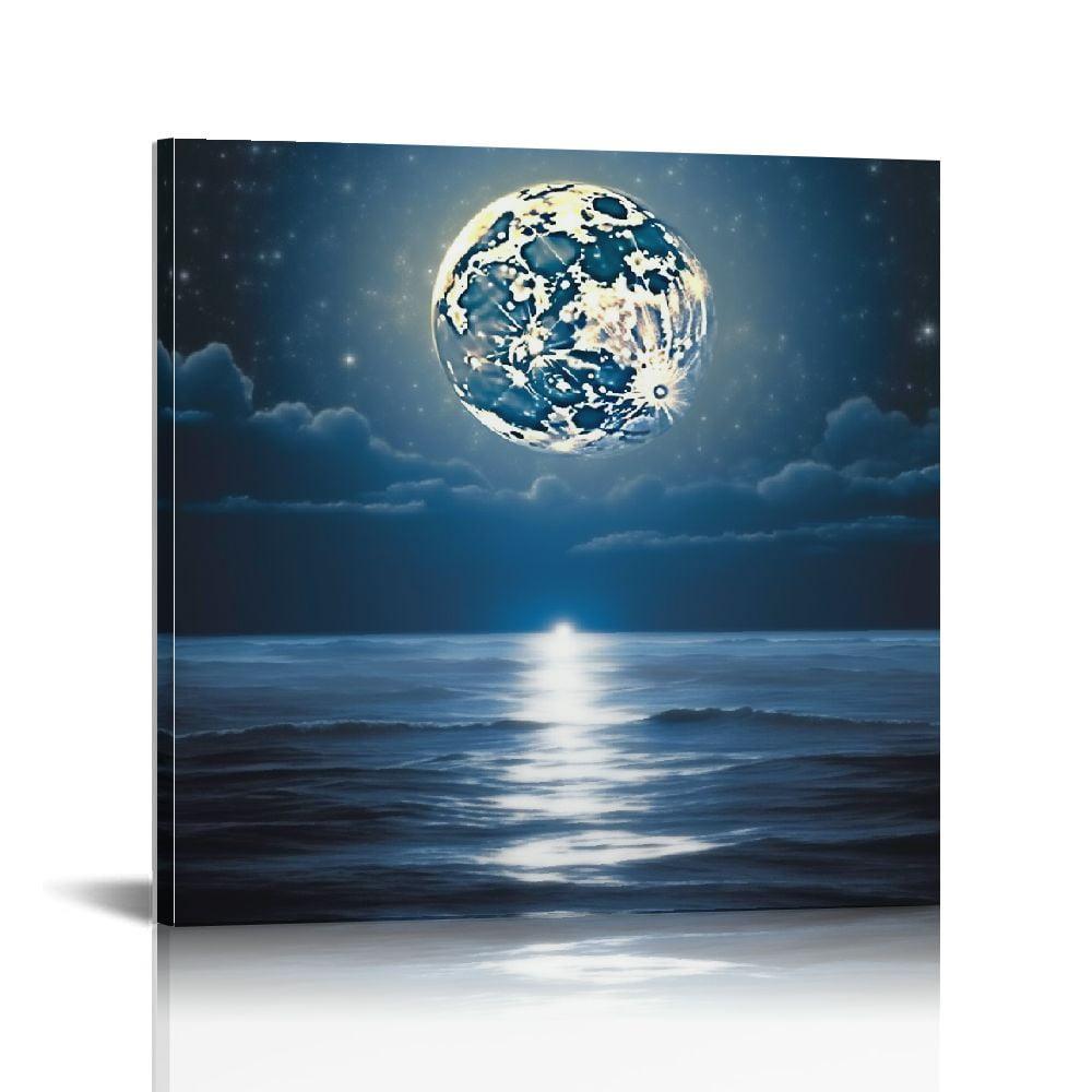 Moonrise Over Ocean Blue Framed Canvas Landscape Art