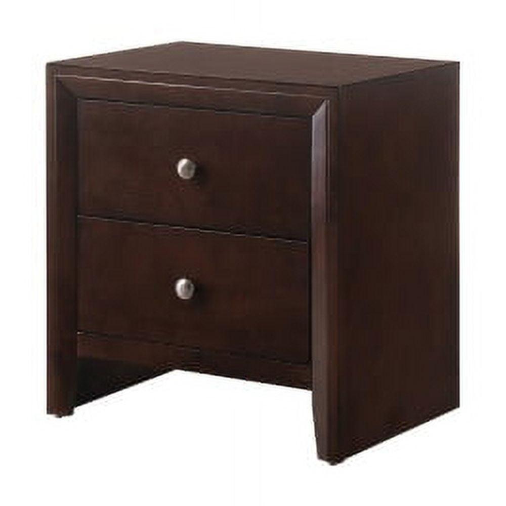 Contemporary Modern Look 2-Drawer Nightstand End Table Deep Brown Finish Two Storage Drawers Round Knobs Bedroom Living Room Wooden Furniture