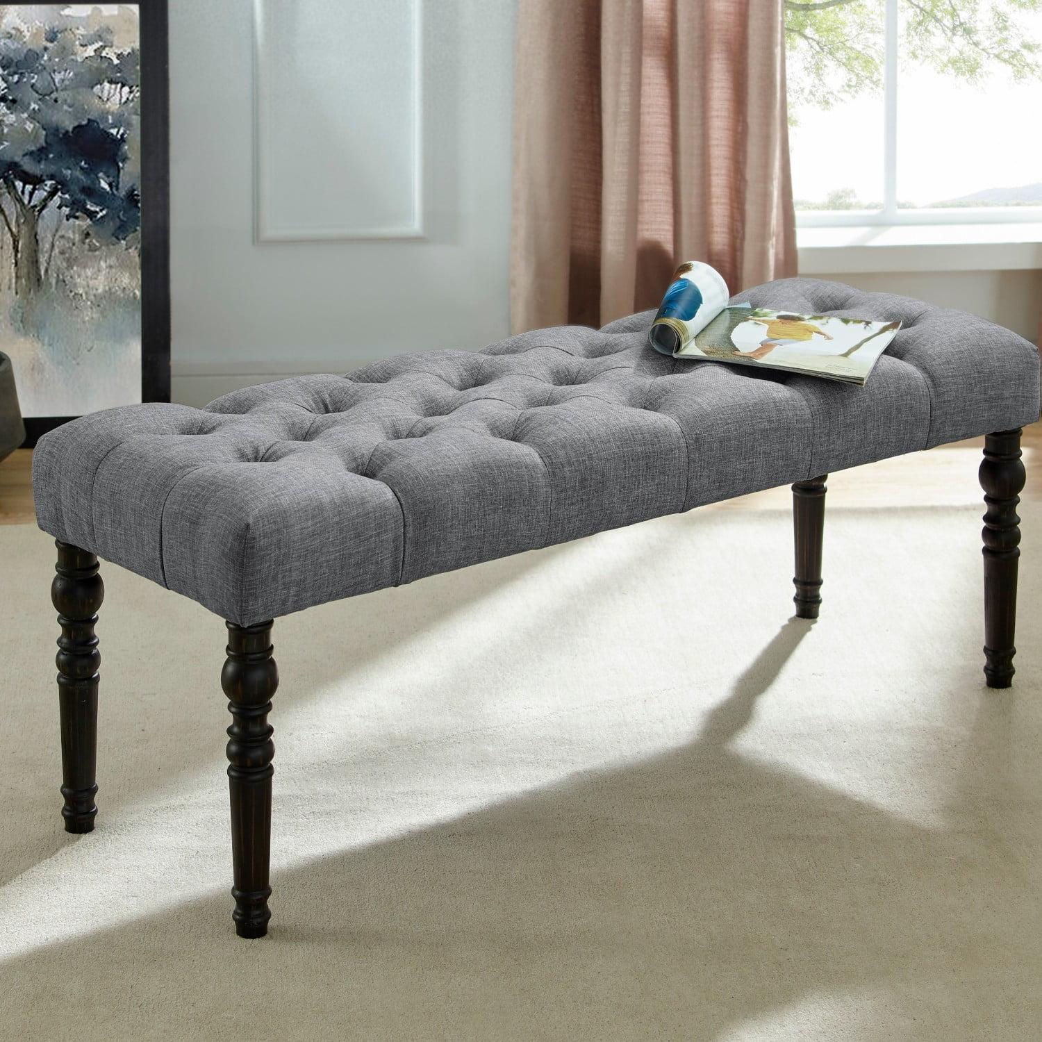 Elegant Gray Fabric Tufted Dining Bench with Black Wood Turned Legs