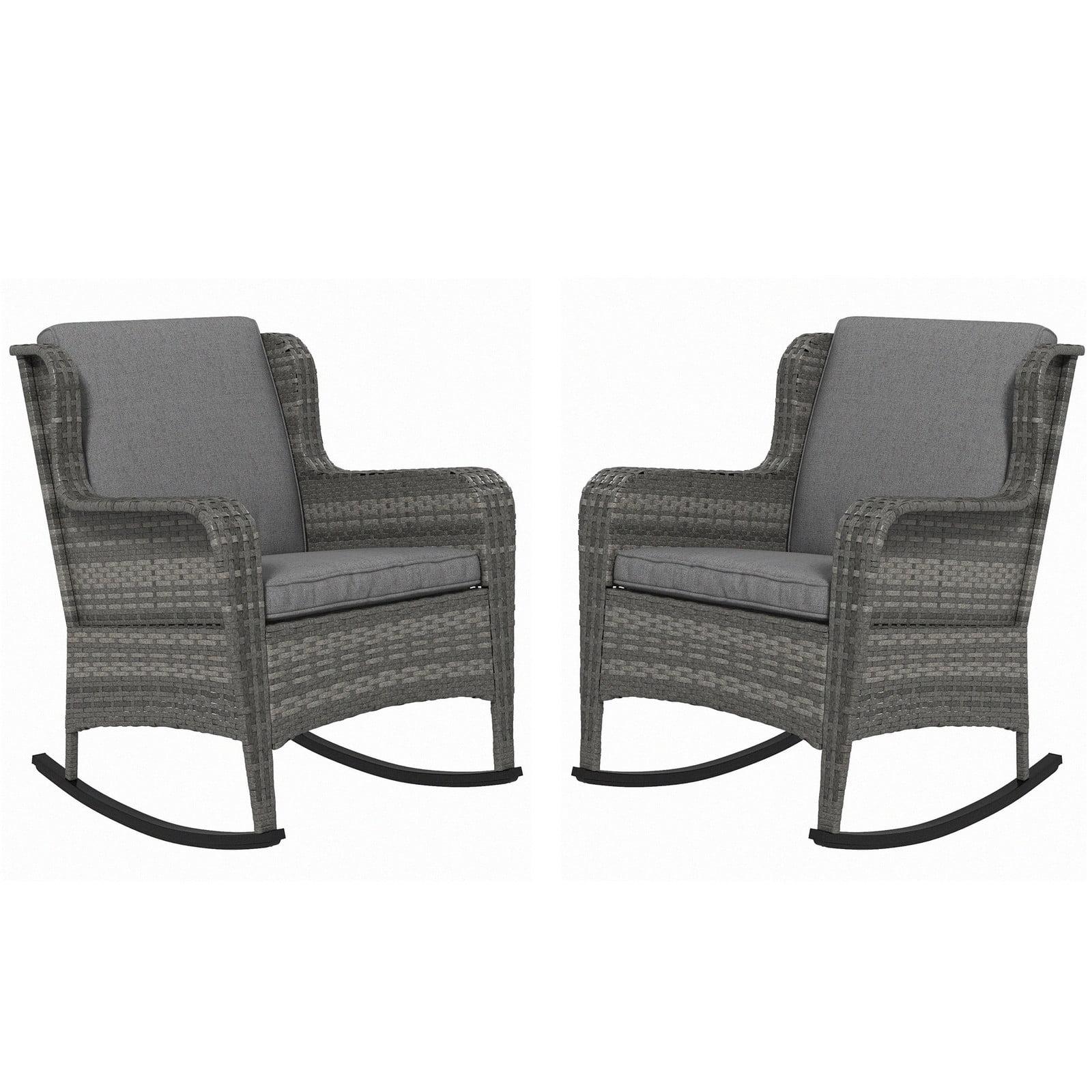 Outsunny 2 Piece Patio Wicker Rocking Chairs, Outdoor PE Rattan Swing Chairs w/ Soft Cushions for Garden, Patio, Lawn, Gray