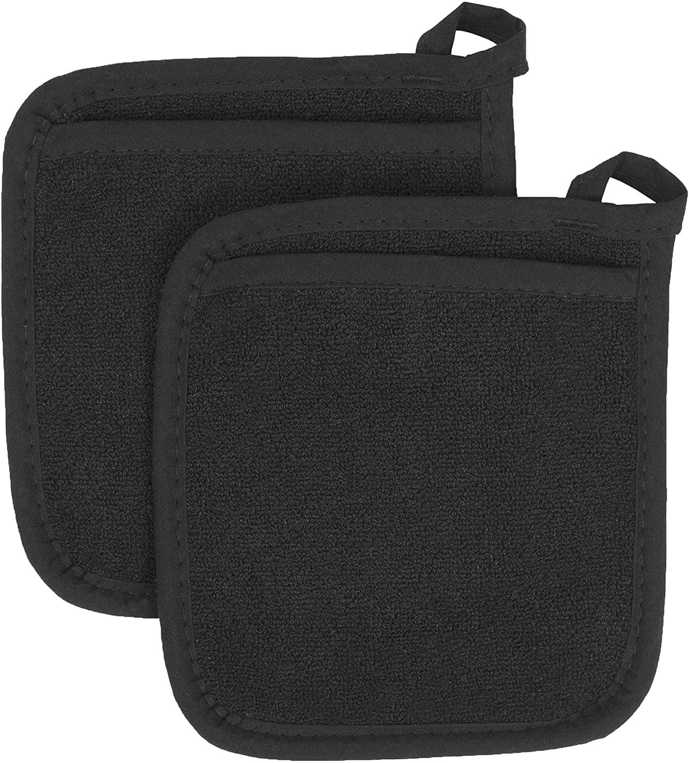 Black Cotton Terry Heat Resistant Pot Holders with Pocket, 2-Pack