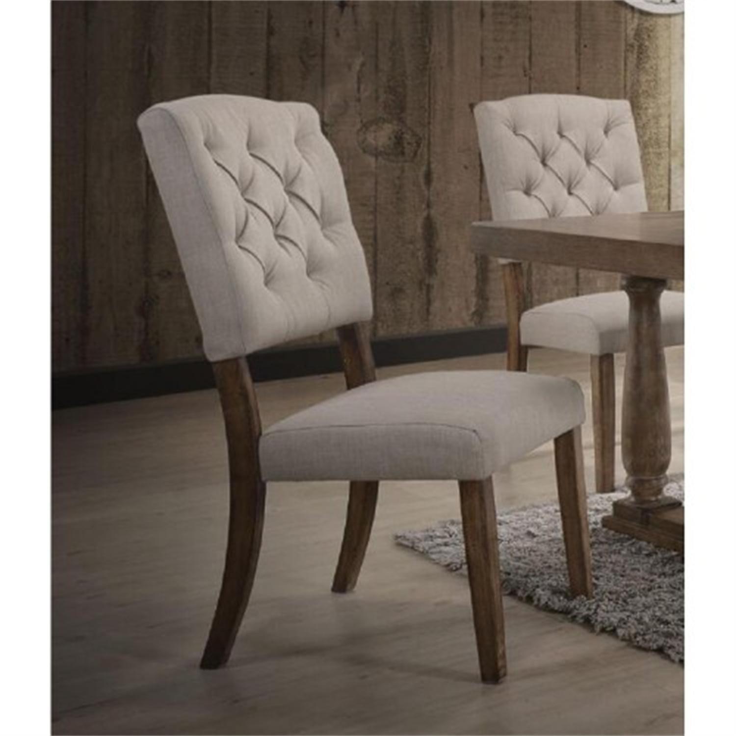 Set 2 19" Bernard Dining Chairs Linen/Weathered Oak - Acme Furniture: Curved Back, Tufted Cushion