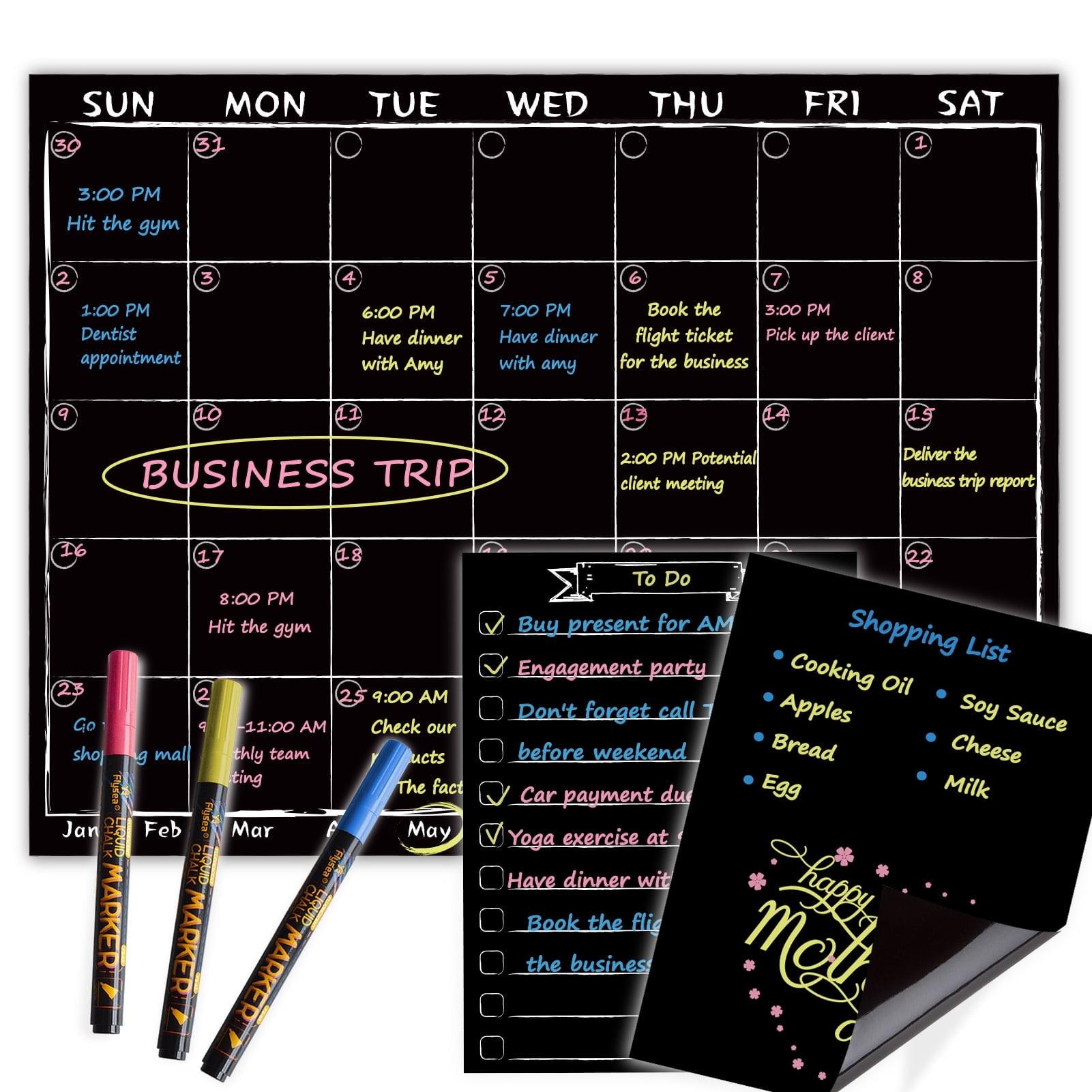 JJPRO Magnetic Chalkboard Monthly Calendar Neon Bright Liquid Chalk Markers with Bonus - Grocery List and Notepad Black