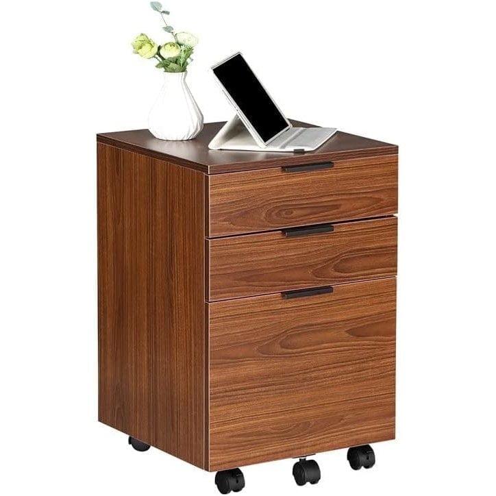 JJS  3 Drawer Rolling Wood File Cabinet with Locking Wheels for A4 or Letter Size Brown
