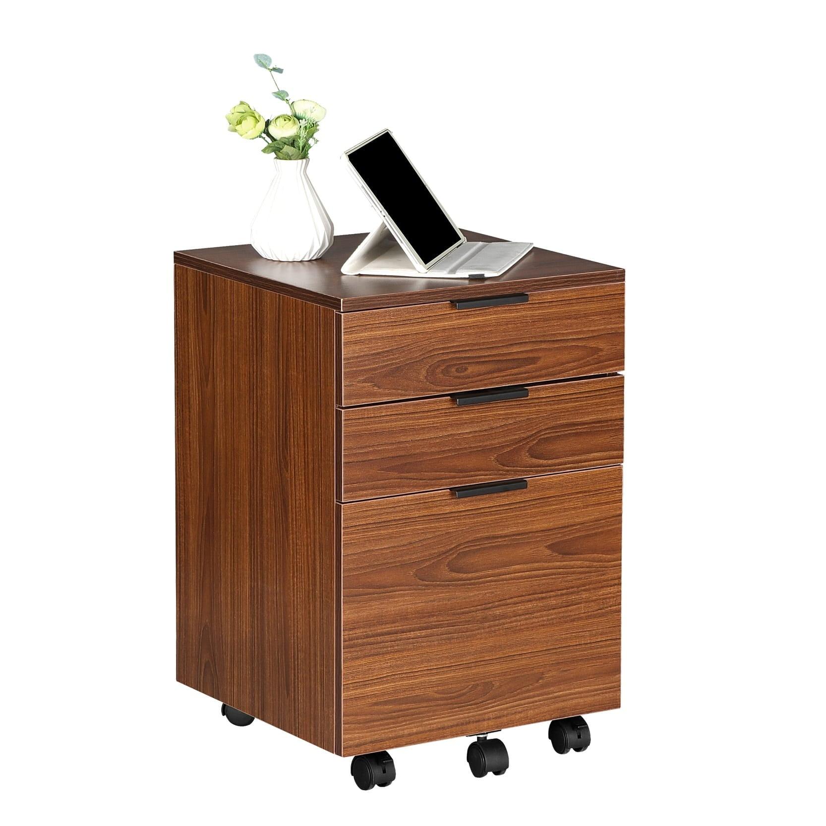 JJS  3 Drawer Rolling Wood File Cabinet with Locking Wheels for A4 or Letter Size Brown