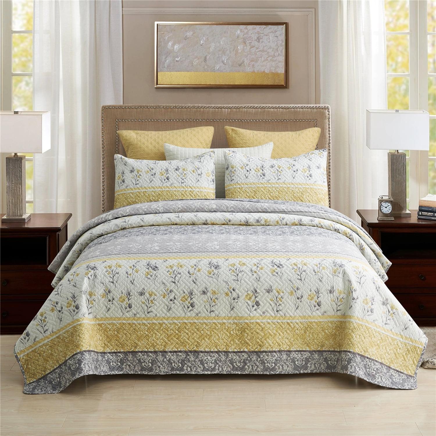 King Size Grey and Yellow Floral Microfiber Quilt Set