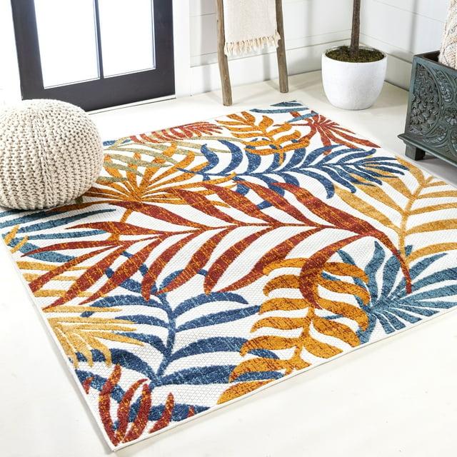 5' Square Tropics Palm Leaves Indoor/Outdoor Area Rug, Cream/Orange - JONATHAN Y