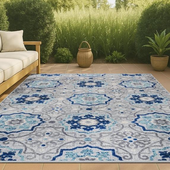 4'x6' Mediterranean Medallion Indoor/Outdoor Area Rug, Blue/Gray - JONATHAN Y