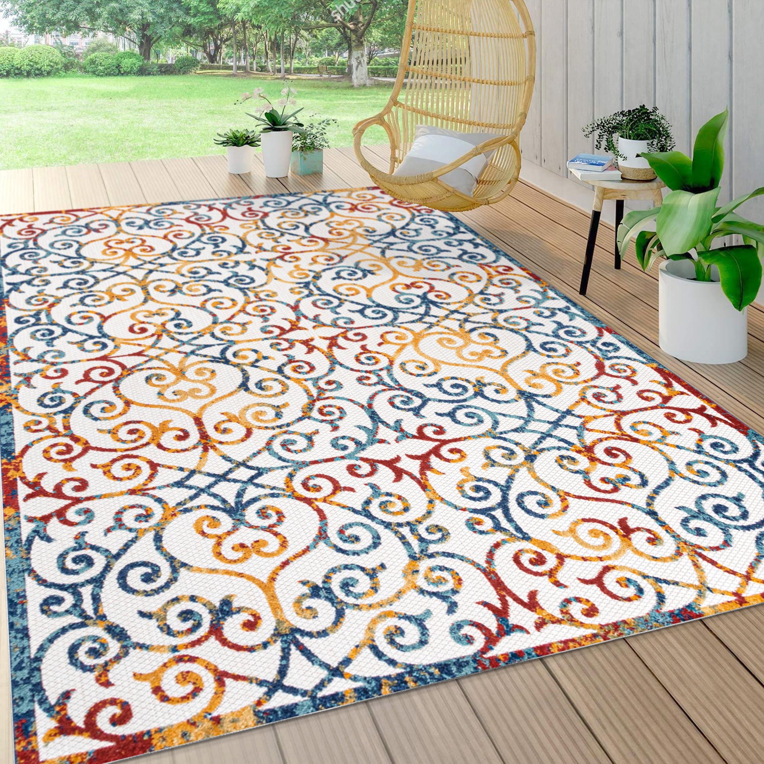 3'x5' Atrani Scroll Trellis Indoor/Outdoor Area Rug, Cream/Blue/Red - JONATHAN Y