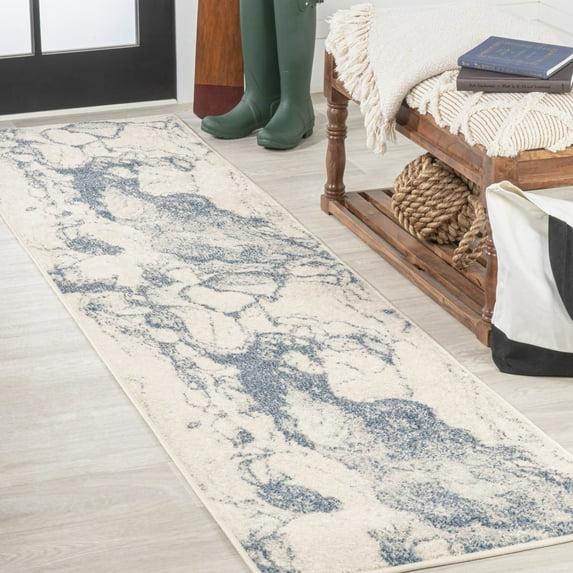 2' x 8' Marmo Abstract Marbled Modern Runner Rug, Blue/Cream - JONATHAN Y