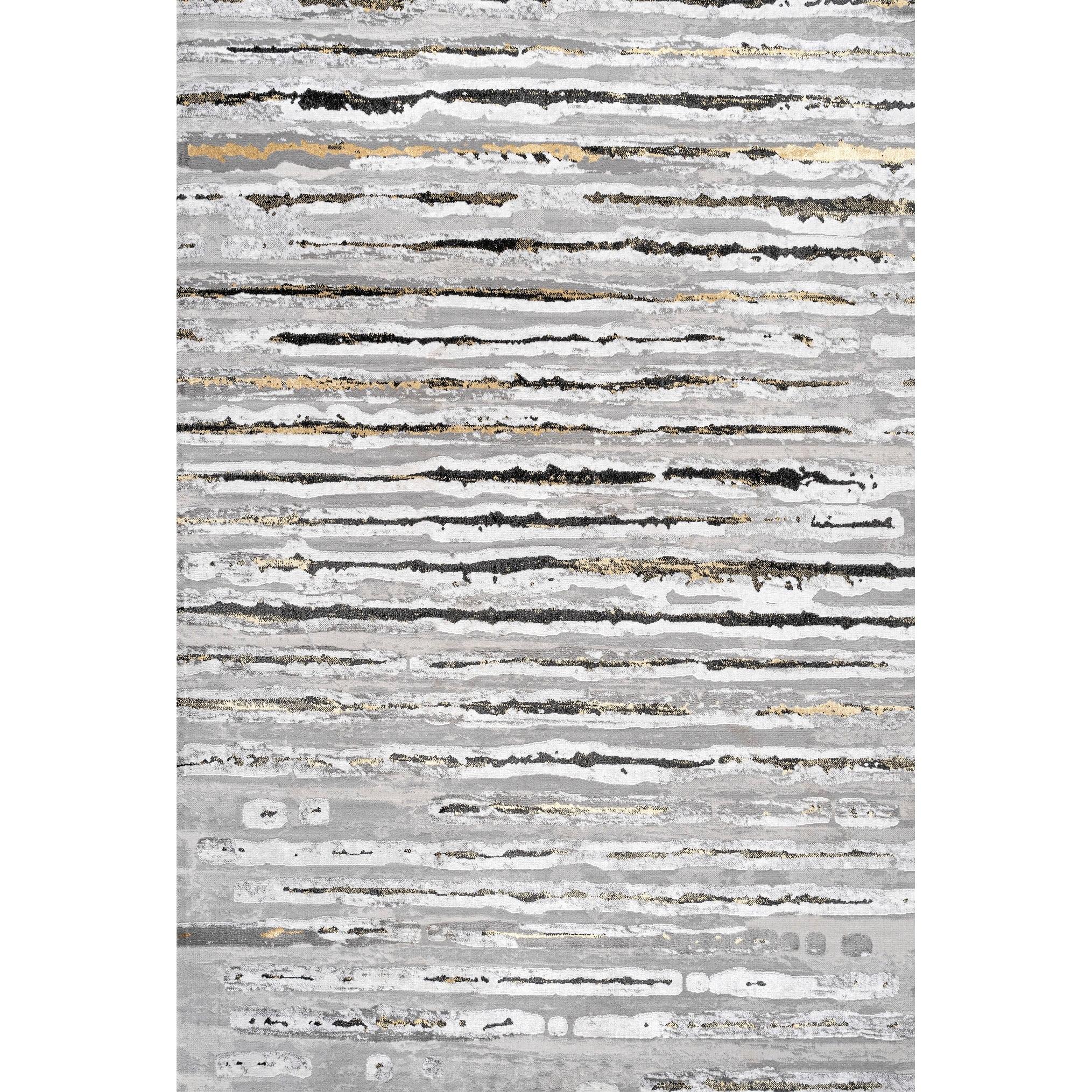 Gray and Black Modern Stripe Synthetic Area Rug