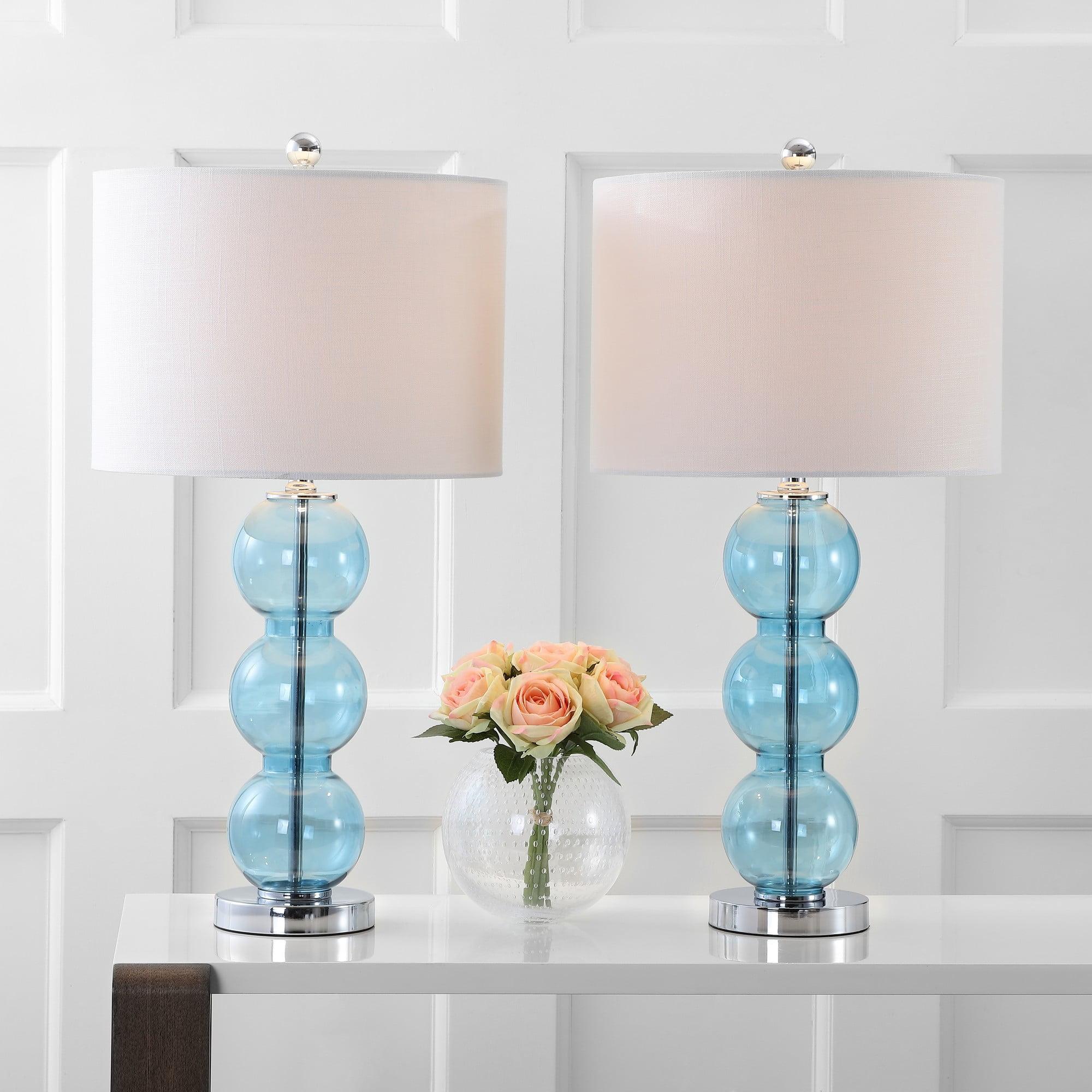 JONATHAN Y Bella 27" Glass Triple-Sphere LED Table Lamp, Sky Blue/Chrome (Set of 2)