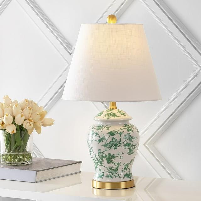 JONATHAN  Y Penelope Chinoiserie Ginger Jar Bird Ceramic/Iron 22-in White/Green LED Rotary socket Table Lamp with Linen Shade