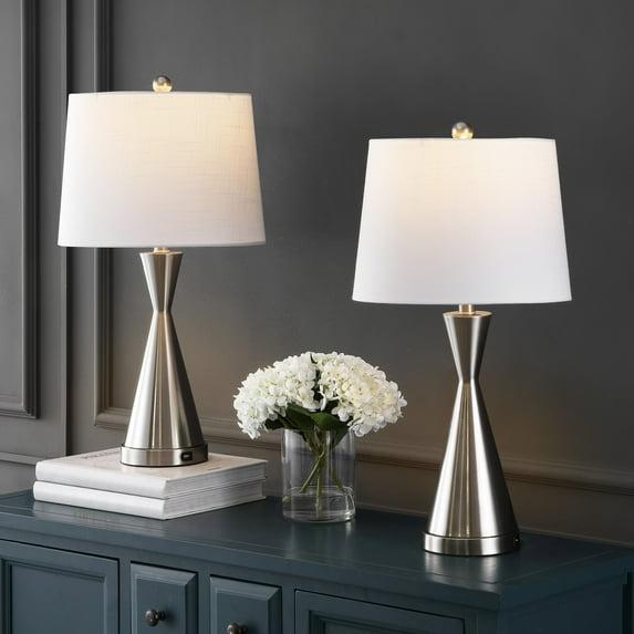 JONATHAN Y Colton 26" Classic French Country Iron LED Table Lamp with USB Charging Port, Nickel (Set of 2), JYL4046A-SET2