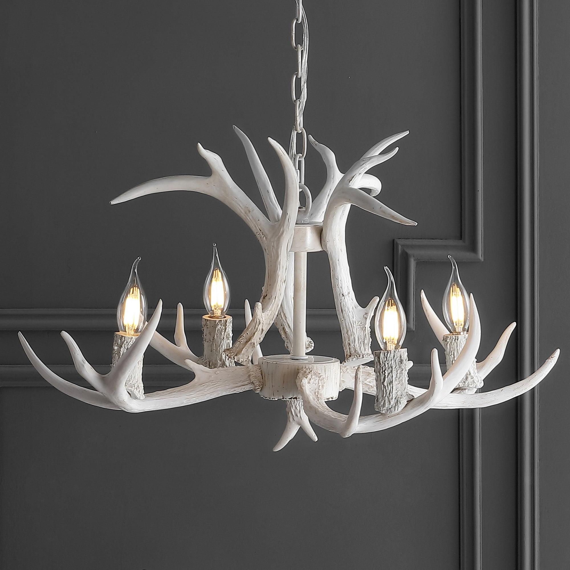 JONATHAN Y JYL6301B Eldora 26" Adjustable Resin Antler 4-Light LED Chandelier, Farmhouse, Glam, Transitional, Rustic, Cottage for living room, dinning room, bedroom, office Bulb Included, White