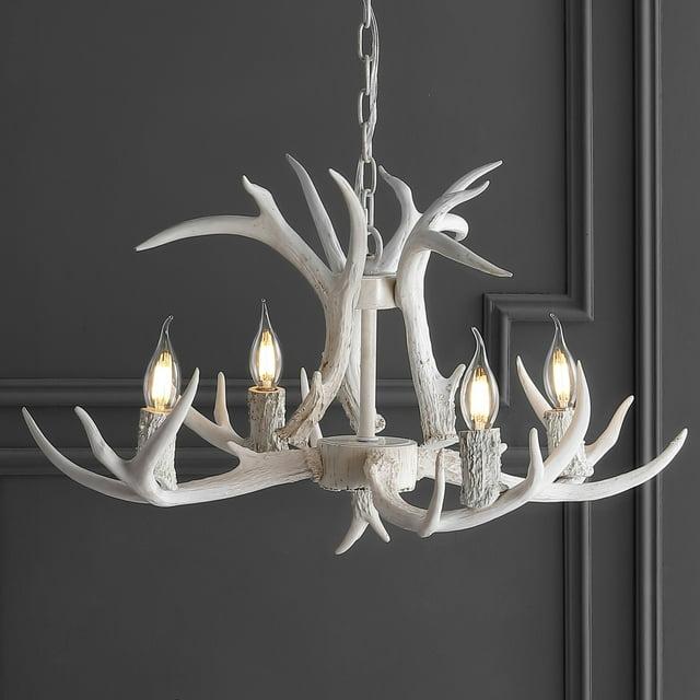 JONATHAN Y JYL6301B Eldora 26" Adjustable Resin Antler 4-Light LED Chandelier, Farmhouse, Glam, Transitional, Rustic, Cottage for living room, dinning room, bedroom, office Bulb Included, White