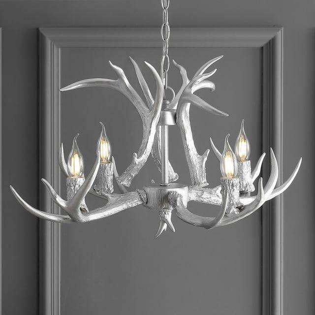 JONATHAN Y JYL6301C Eldora 26" Adjustable Resin Antler 4-Light LED Chandelier, Farmhouse, Glam, Transitional, Rustic, Cottage for living room, dinning room, bedroom, office Bulb Included, Silver