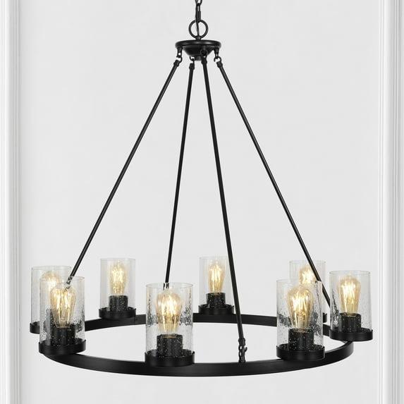 JONATHAN Y JYL7554A Coronet 33.5" 8-Light Iron/Seeded Glass Rustic Farmhouse Round LED Chandelier, Industrial, Vintage for living room, dinning room, bedroom Bulb Included, Oil Rubbed Bronze