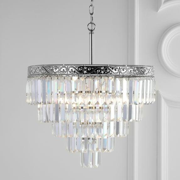 JONATHAN Y JYL9007A Wyatt 20" 4-Light Crystal LED Chandelier, Contemporary, Classic, Traditional for living room, dinning room, bedroom, office Bulb Included, Polished Nickel/ Clear