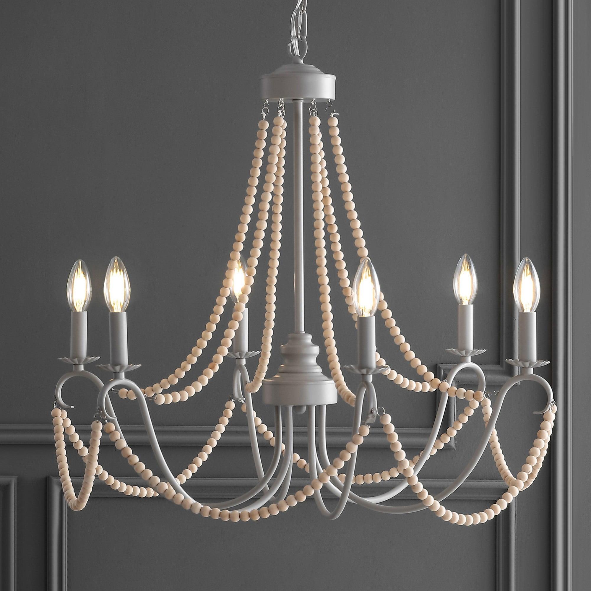 JONATHAN Y JYL9060A Rustica 6-Light 27" Adjustable Greige Metal/Wood Bead LED Chandelier, Classic, French Country for living room, dinning room, bedroom, office Bulb Included, Grey/Natural