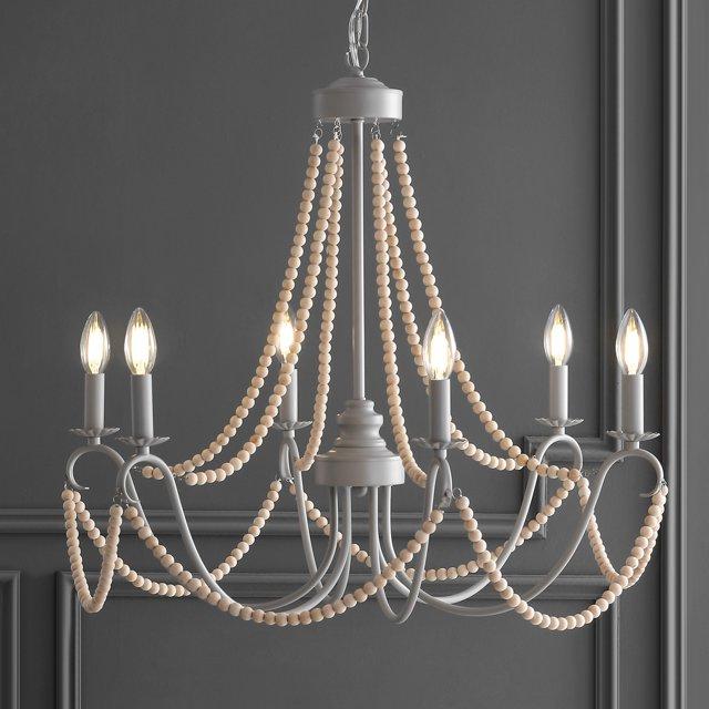 JONATHAN Y JYL9060A Rustica 6-Light 27" Adjustable Greige Metal/Wood Bead LED Chandelier, Classic, French Country for living room, dinning room, bedroom, office Bulb Included, Grey/Natural