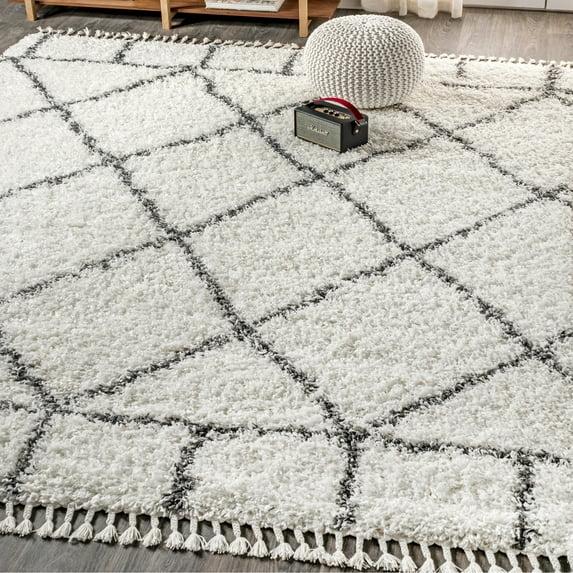 8'x10' Mercer Shag Plush Tassel Moroccan Geometric Trellis Area Rug, Cream/Grey - JONATHAN Y