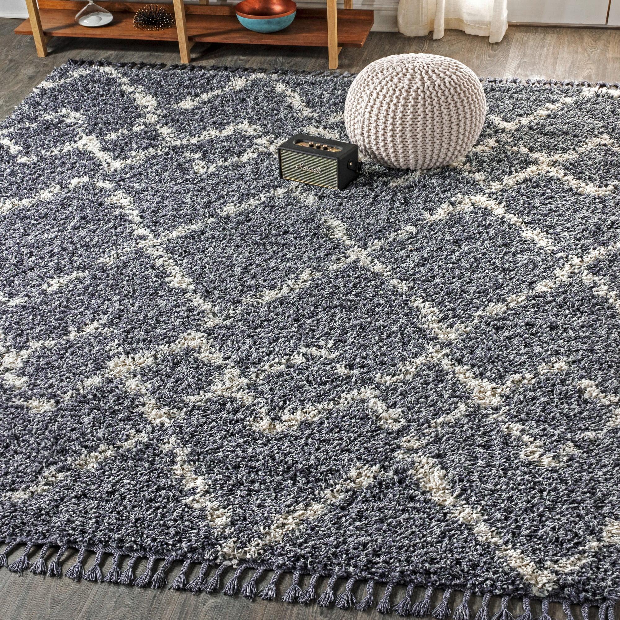 3'x5' Mercer Shag Plush Tassel Moroccan Geometric Trellis Area Rug, Denim/Cream - JONATHAN Y