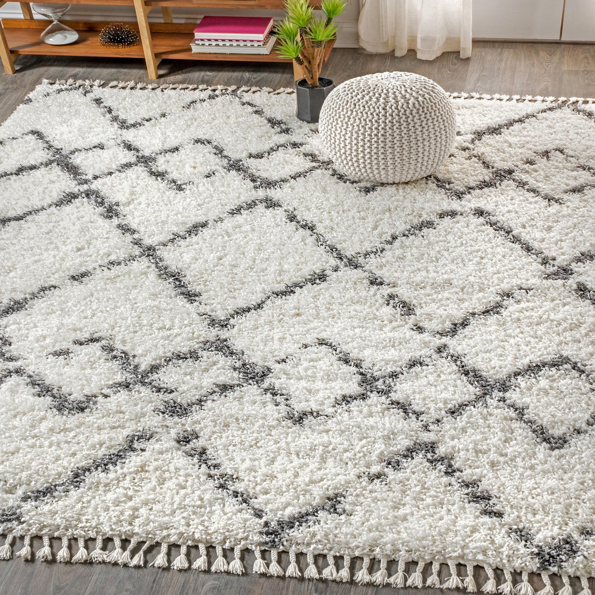 8'x10' Mercer Shag Plush Tassel Moroccan Geometric Trellis Area Rug, Cream/Grey - JONATHAN Y