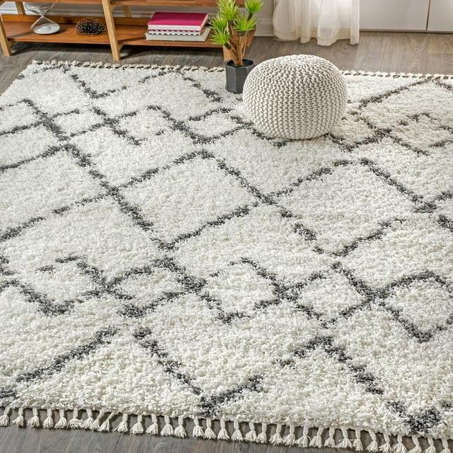 8'x10' Mercer Shag Plush Tassel Moroccan Geometric Trellis Area Rug, Cream/Grey - JONATHAN Y