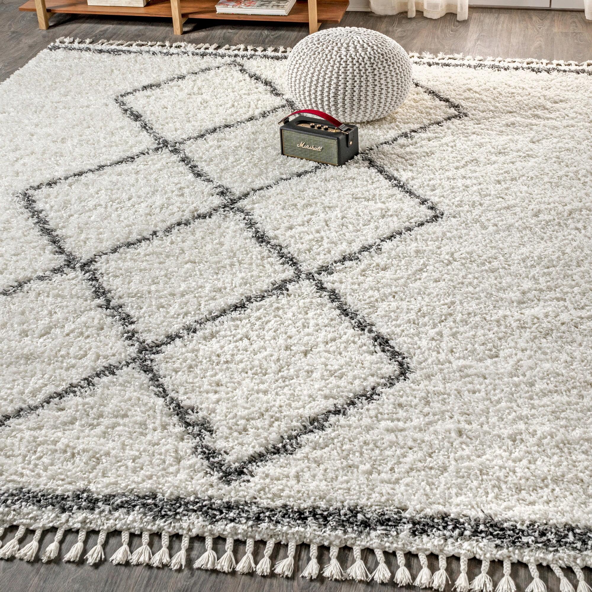5'x8' Mercer Shag Plush Tassel Moroccan Geometric Trellis Area Rug, Cream/Grey - JONATHAN Y