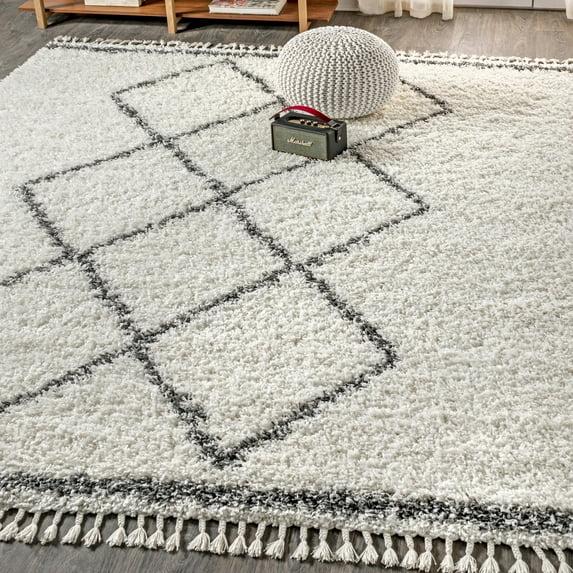 5'x8' Mercer Shag Plush Tassel Moroccan Geometric Trellis Area Rug, Cream/Grey - JONATHAN Y