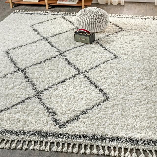 5'x8' Mercer Shag Plush Tassel Moroccan Geometric Trellis Area Rug, Cream/Grey - JONATHAN Y