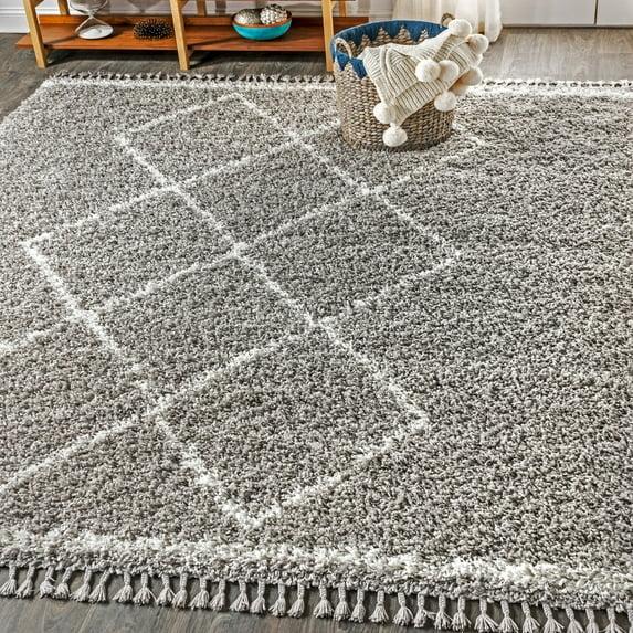 5'x8' Mercer Shag Plush Tassel Moroccan Geometric Trellis Area Rug, Grey/Cream - JONATHAN Y