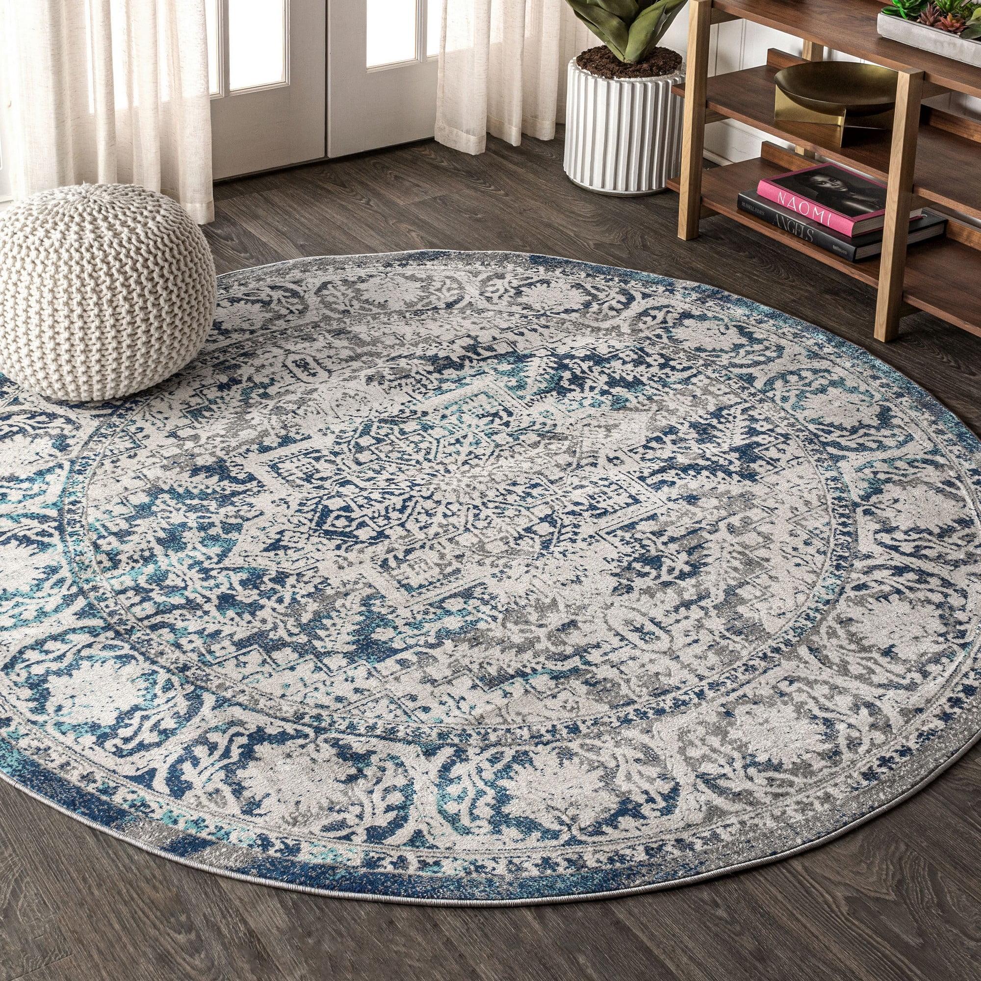 6' round Modern Vintage Medallion Area Rug, Navy /Light Grey - JONATHAN Y