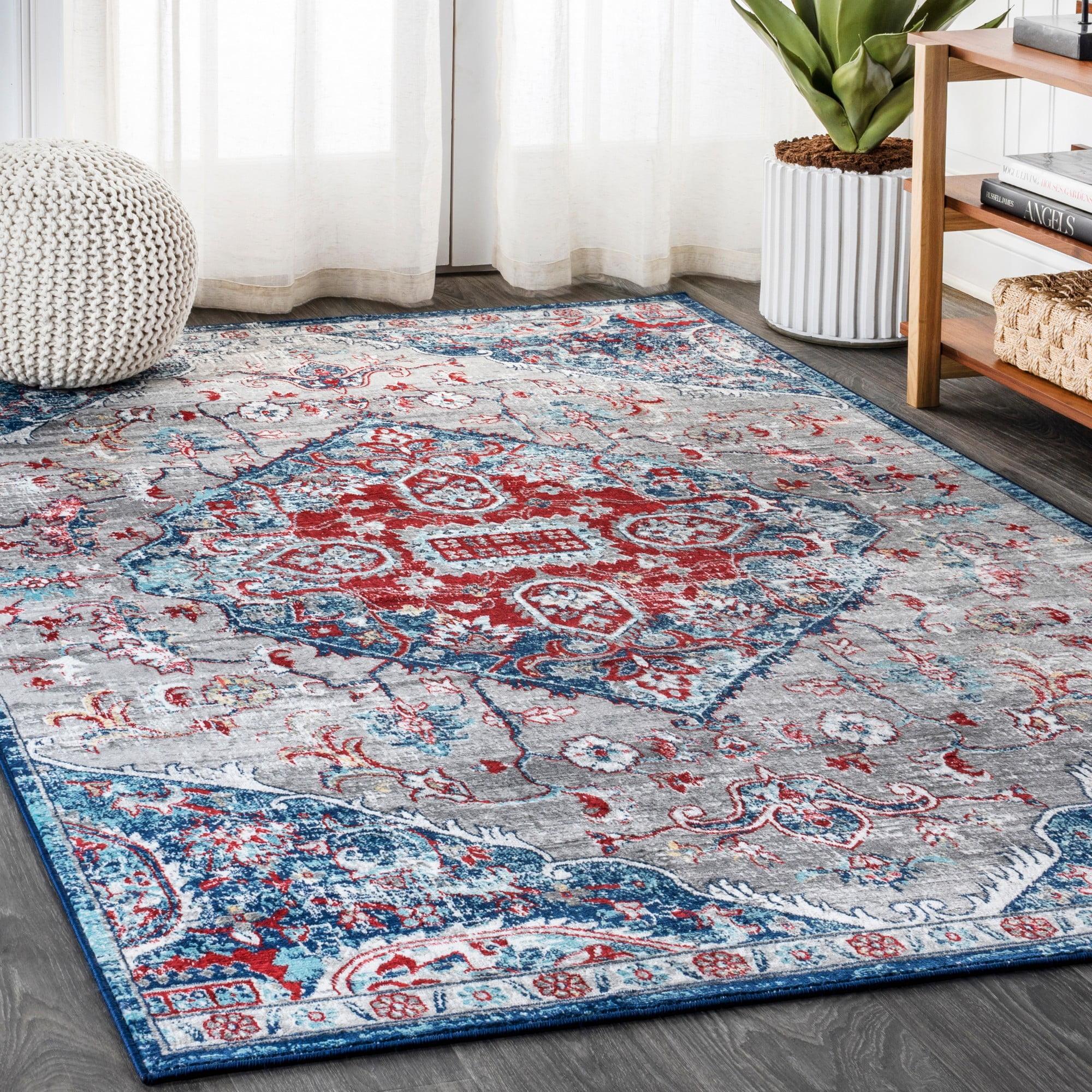 5'x8' Modern Persian Vintage Medallion Area Rug, Red/Navy - JONATHAN Y
