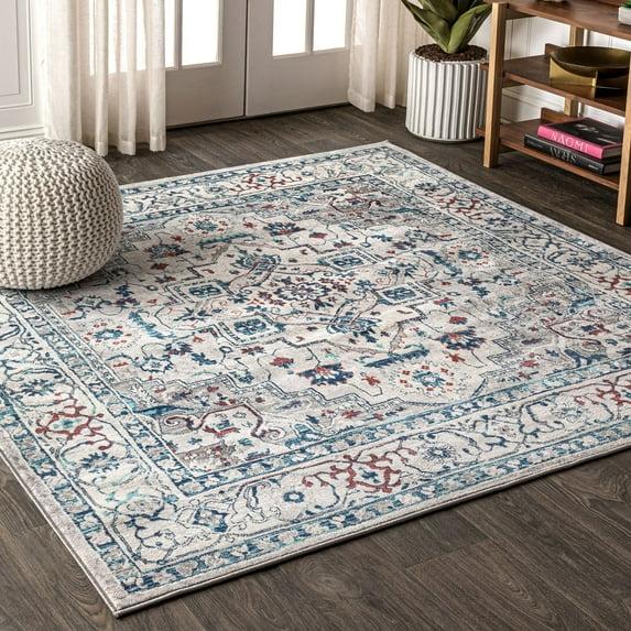 5'x5' Modern Persian Vintage Medallion Area Rug, Light Grey/Blue - JONATHAN Y