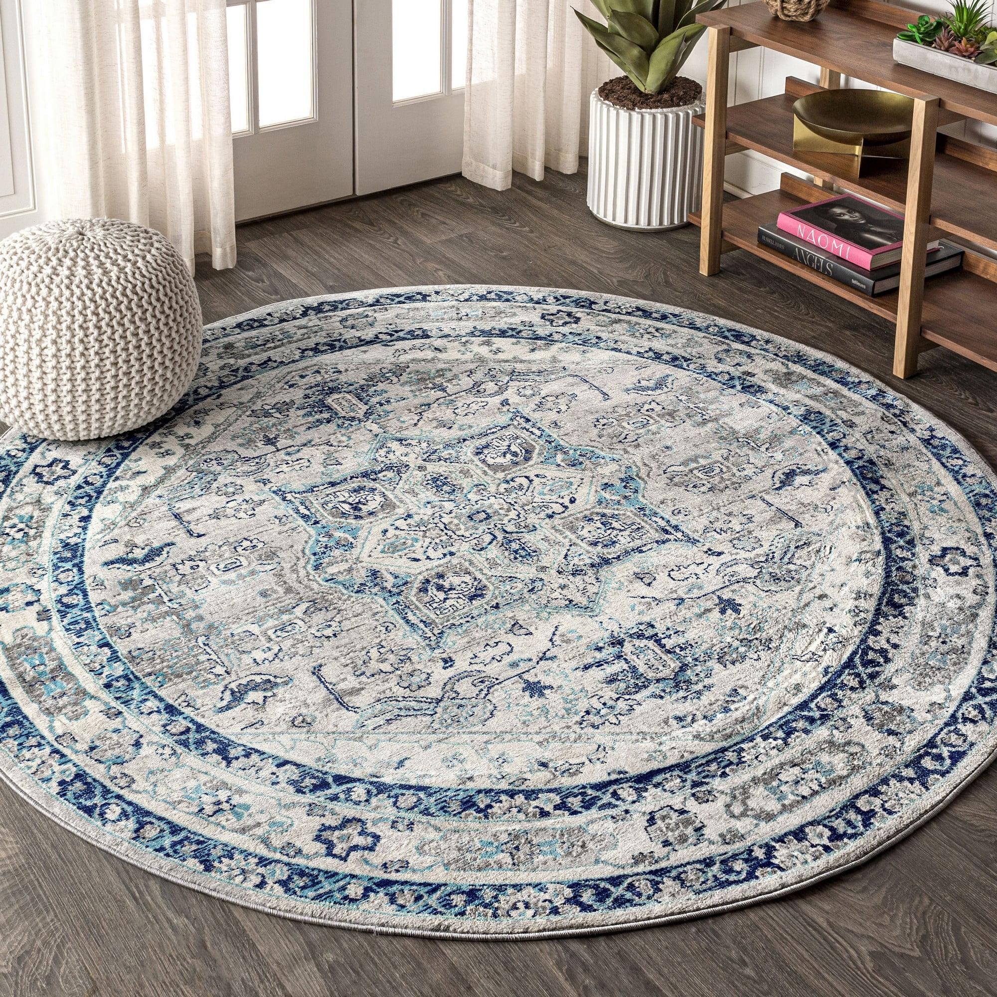 6' round Modern Persian Vintage Medallion Area Rug, Light Grey/Blue - JONATHAN Y