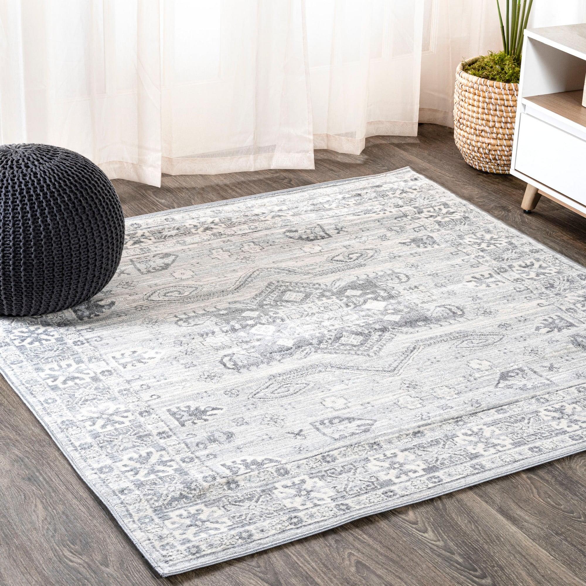 5' Square Modern Persian Vintage Medallion Area Rug, Light Gray - JONATHAN Y