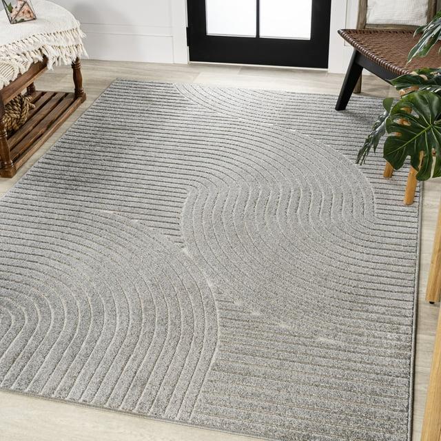 JONATHAN Y Skagen High-Low Minimalist Curve Geometric Gray/Ivory 4 ft. x 6 ft. Indoor/Outdoor Area Rug