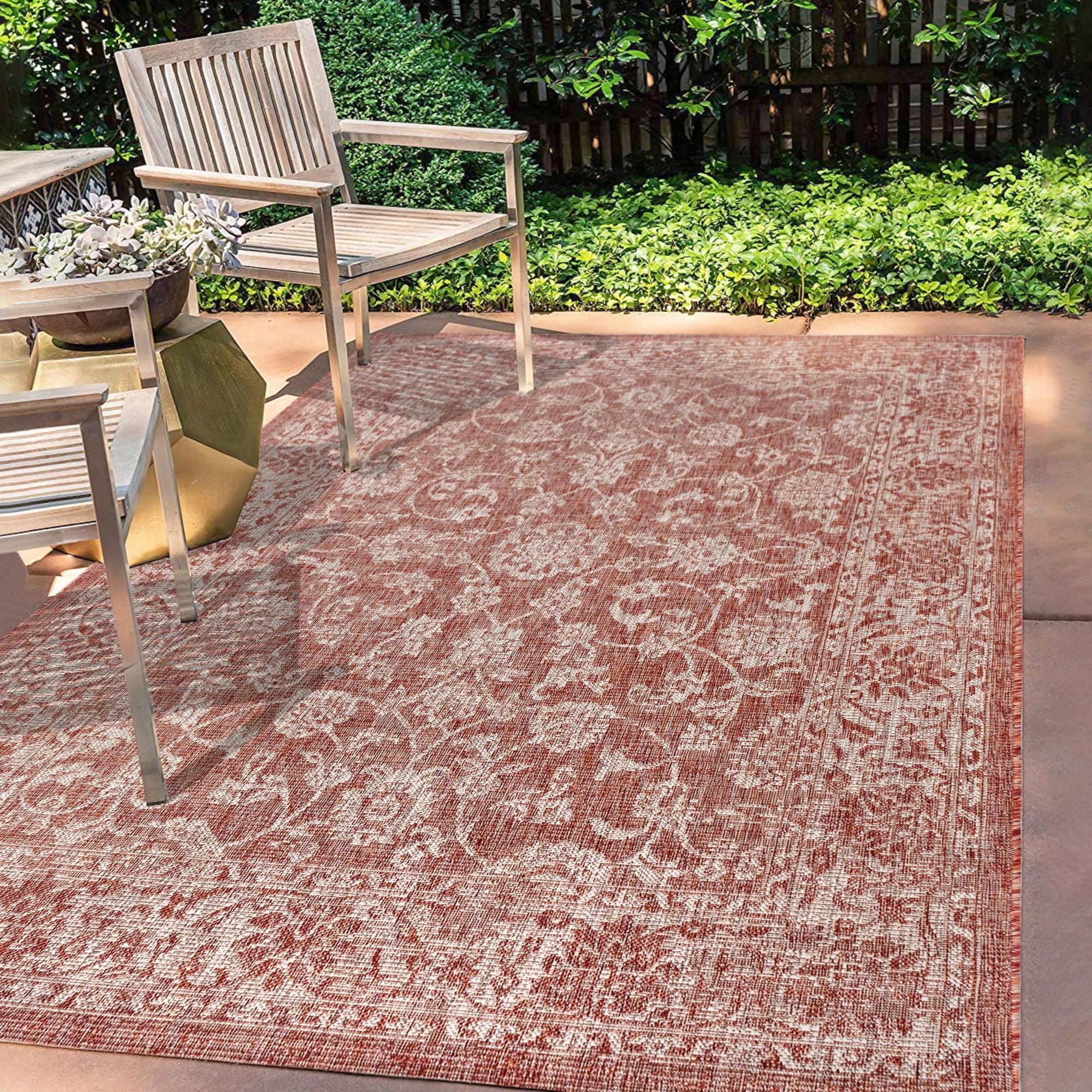 8'x10' Tela Bohemian Textured Weave Floral Indoor/Outdoor Area Rug, Red/Taupe - JONATHAN Y