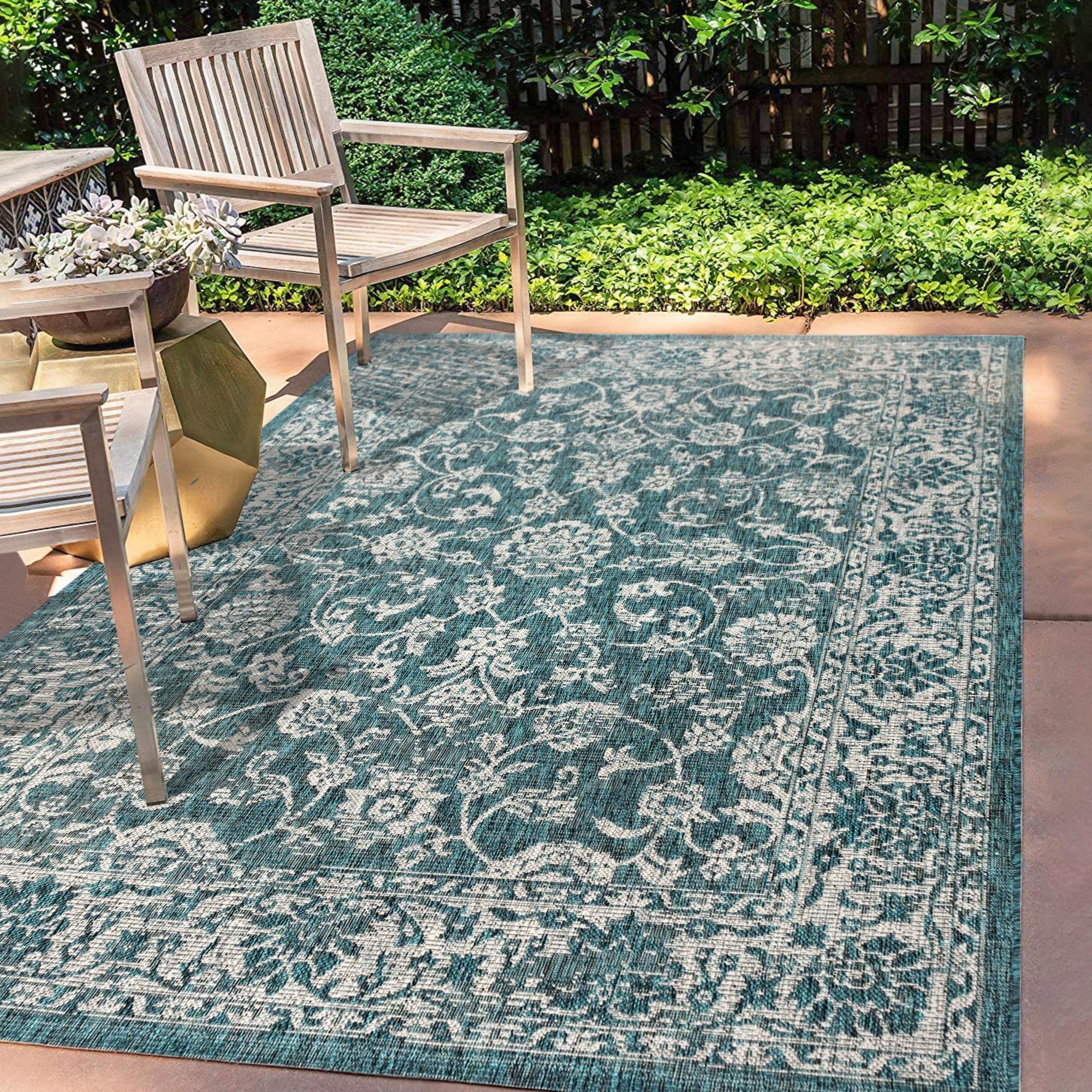 4'x6' Tela Bohemian Textured Weave Floral Indoor/Outdoor Area Rug, Teal/Gray - JONATHAN Y