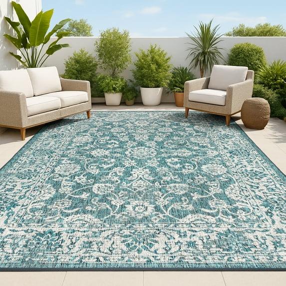 4'x6' Tela Bohemian Textured Weave Floral Indoor/Outdoor Area Rug, Teal/Gray - JONATHAN Y