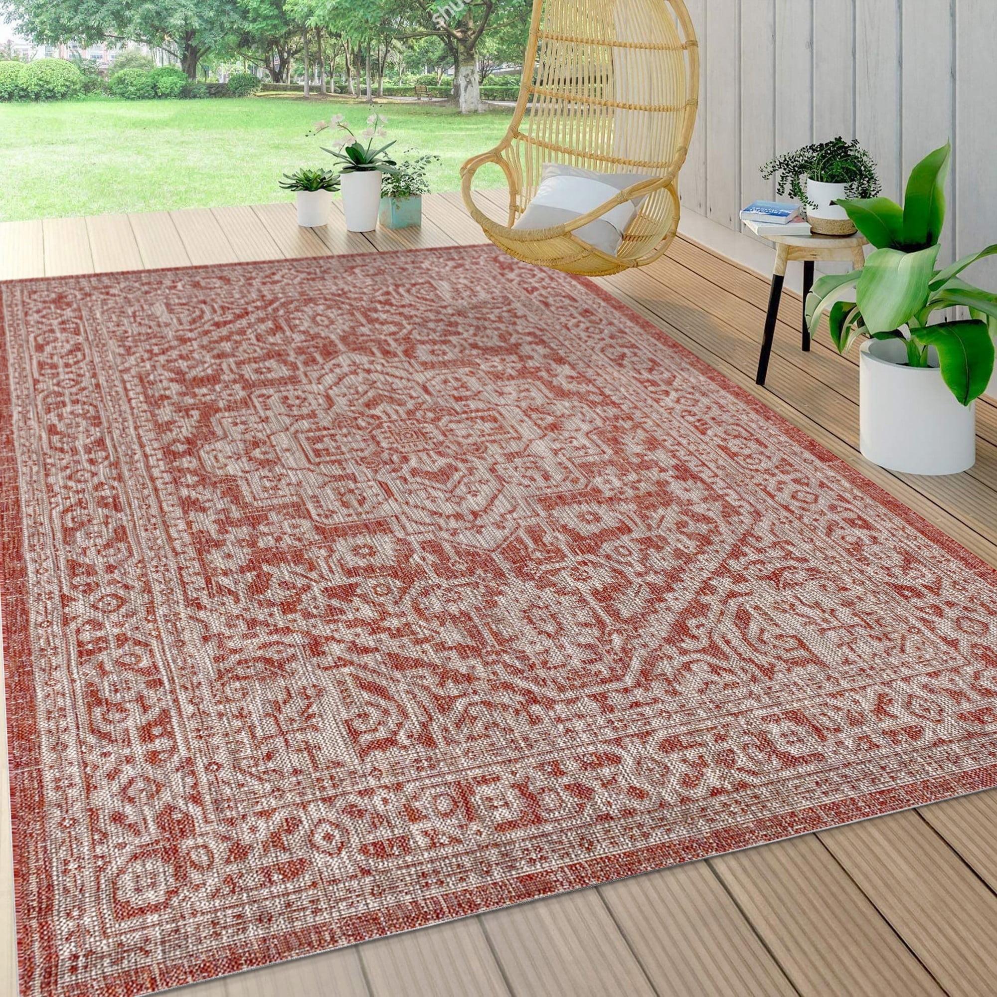 8'x10' Sinjuri Medallion Textured Weave Indoor/Outdoor Area Rug, Red/Taupe - JONATHAN Y
