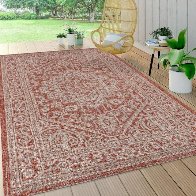 8'x10' Sinjuri Medallion Textured Weave Indoor/Outdoor Area Rug, Red/Taupe - JONATHAN Y