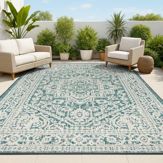 4'x6' Sinjuri Medallion Textured Weave Indoor/Outdoor Area Rug,  Teal Blue/Gray - JONATHAN Y