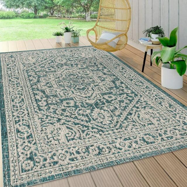 4'x6' Sinjuri Medallion Textured Weave Indoor/Outdoor Area Rug,  Teal Blue/Gray - JONATHAN Y