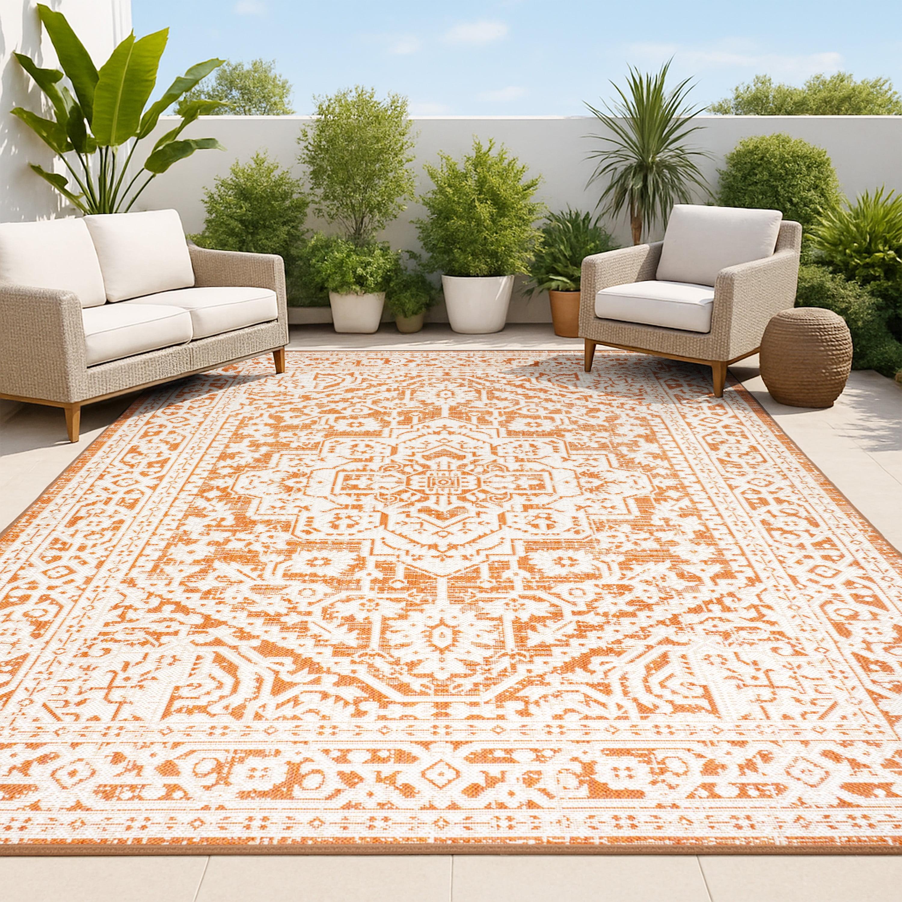 9' x 12' Sinjuri Medallion Textured Weave Indoor/Outdoor Area Rug, Orange/Cream - JONATHAN Y