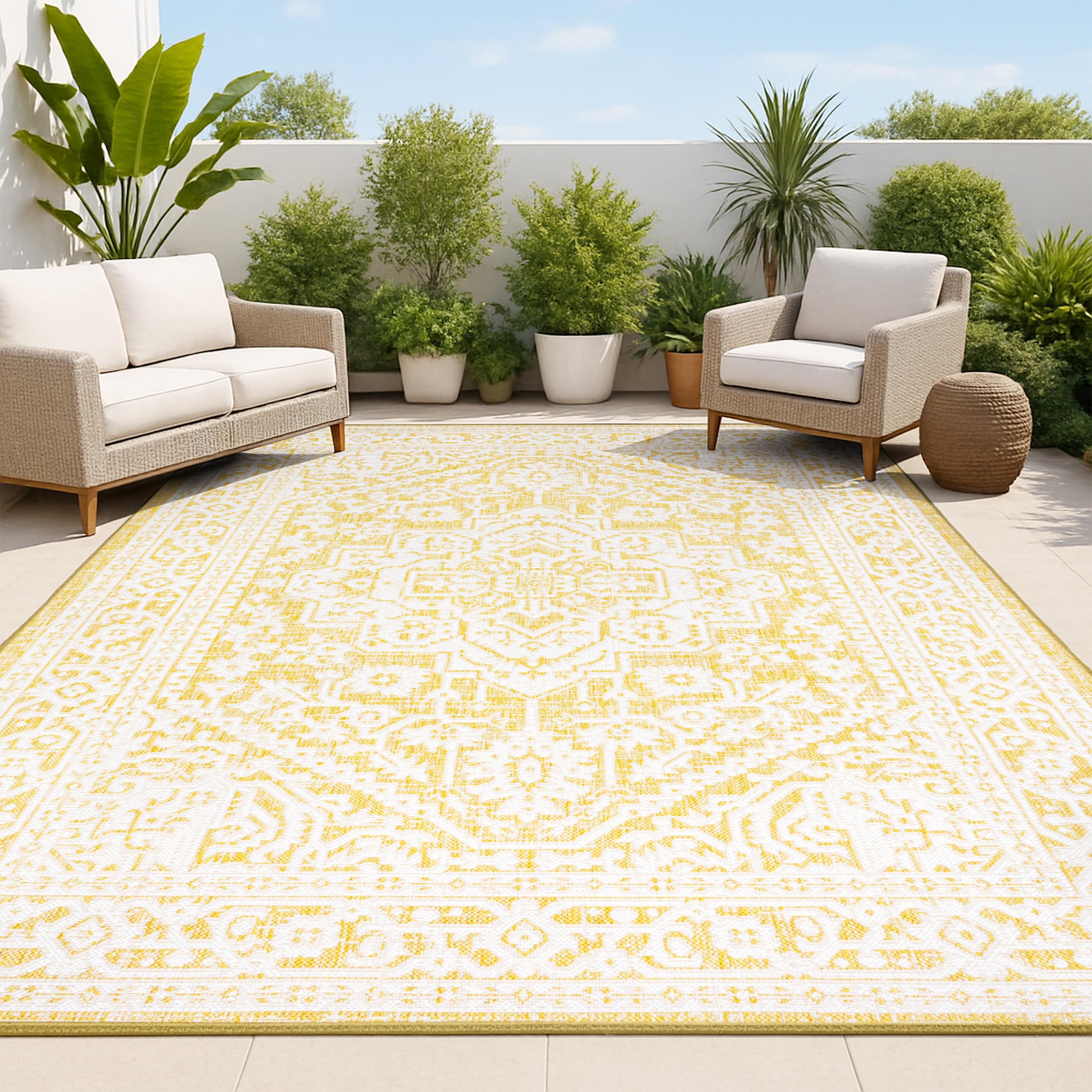 9' x 12' Sinjuri Medallion Textured Weave Indoor/Outdoor Area Rug, Yellow/Cream - JONATHAN Y